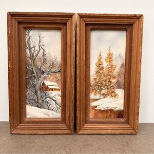 Vintage Landscape Oil Paintings Rustic Fall Winter Framed Art Set 17 X 9 Sold